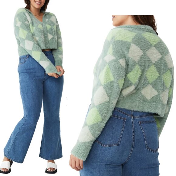Cotton:On Fluffy Knit Argyle Cropped Cardigan in Green XS - Picture 1 of 14